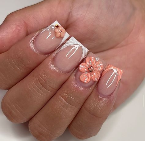 Purple Nail Designs With Flowers, Yellow Nails With Flower Design, Yellow Short Nails, French Tip Flower Nails, French Tip Flower, Nails With Flower Design, Hello Nails, Acrylic Nail Set, Hard Nails