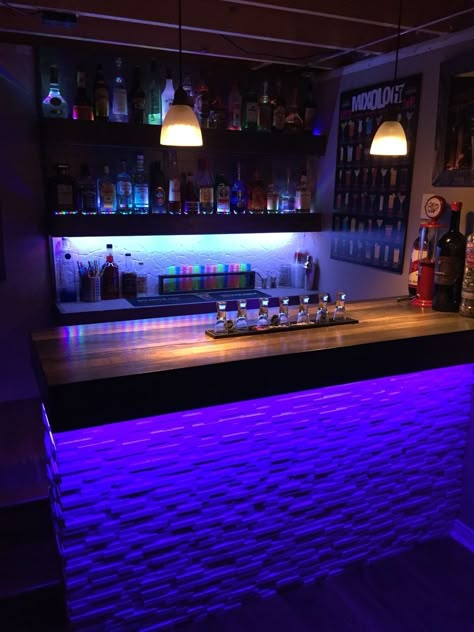 Budget Bar Ideas, Basement Bar Themes, Led Light Bar Ideas, Indoor Home Bar Ideas, Basement Led Lights, Led Lights Bar, Led Lights Basement, Bar In House Ideas, Home Bar Lighting