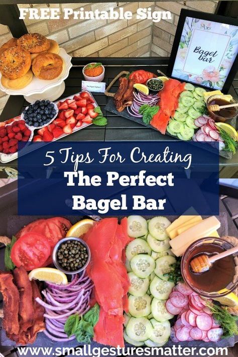 DIY Bagel Bar is perfect for your next brunch. Topping ideas,flavored cream cheese recipes, and FREE Printable Signs #diybagelbar #freebagelbarsign Build Your Own Bagel Bar, Bagel Bar Toppings, Bagel Buffet Ideas, Bagel Bar Brunch Showers, Post Wedding Brunch Ideas, Bagel Display Brunch Ideas, Bagel Brunch Bar, Bagel Bars, Bagel Bar Party