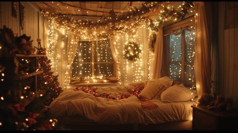 25 Magical Christmas Lights Bedroom Ideas for a Dreamy Glow - Roomy Retreat Fairy Room Night Lights, Christmas Lights Bedroom, Lights Bedroom Ideas, Twinkling Christmas Lights, Christmas Lights In Bedroom, Chridstmss Lights Bedroom, Tapestry Bedroom Cozy Fairy Lights, Fairy Ligjts Above Bed, Red Led Fairy Lights