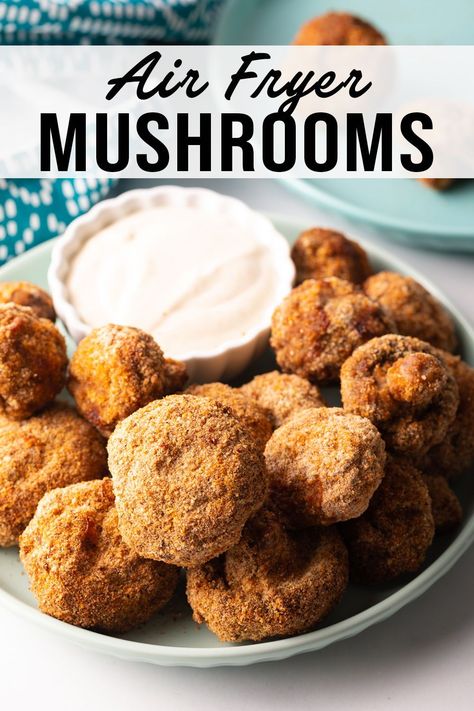 Learn how to make air fryer mushrooms and serve them with dipping sauces for the perfect party snack or side dish. Mushrooms In The Air Fryer, Fried Mushroom Recipes Air Fryer, Mushrooms Air Fryer Recipes, Air Fryer Parmesan Mushrooms, Battered Mushrooms In Air Fryer, Air Fryer Nibbles, Air Fryer Fried Mushrooms Recipe, Air Fried Stuffed Mushrooms, Air Fryer Mushrooms And Onions