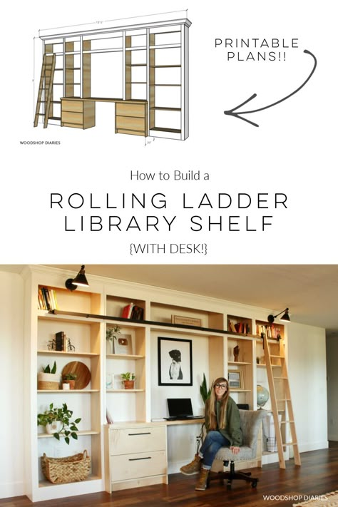 Diy Bookshelf Wall Shelves, Diy Bookshelf Under Window, Library Bookcase Diy, Farmhouse Desk And Bookshelf, Wall Desk Bookshelf, Desk Library Ideas, Small Library Shelves, Wall Bookshelves With Desk, Creative Diy Bookshelf Ideas