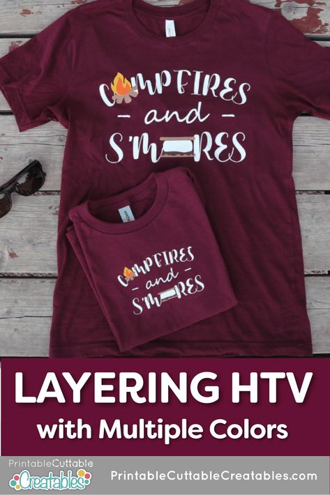 Not sure how to layer HTV designs with more than 1 color? Watch as Kris from SewNotes layers multiple colors of Heat Transfer Vinyl in real-time to make a campfire fun t-shirt! #layeringHTV #cricuttips Htv Designs, Campfire Fun, Cricut Tips, Layered Vinyl, Heat Press Machine, Blank T Shirts, Vinyl Shirts, Scrapbook Sketches, How To Make Tshirts