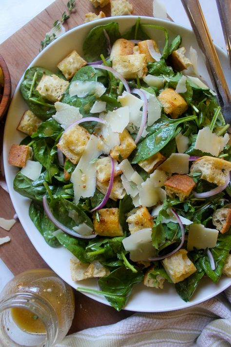 Spinach Arugula Salad - Sungrown Kitchen Arugula Salad Recipes, Red Wine Vinaigrette, Croutons Homemade, Sauteed Spinach, Italian Dinner, Arugula Salad, Side Salad, Honey Mustard, Comfortable Sofa