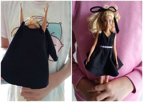 Diy No Sew Barbie Clothes, Hand Sew Barbie Clothes, Hand Sewn Barbie Clothes, Diy Barbie Clothes Easy No Sew, Easy Barbie Dress Pattern, Barbie Shirt Diy, How To Make Barbie Doll Clothes, No Sew Barbie Clothes Easy, Diy No Sew Dress