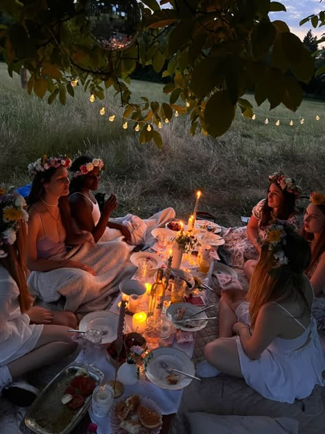 Garden Wine Party, Midsommar Activities, Summer Solstice Party Aesthetic, Garden Party Outfit Pants, Enchanted Forest Dinner Party, Midsummer Aesthetic Party, Midsommar Dinner Party, Midsummer Dinner Party, Midsummer Theme Party