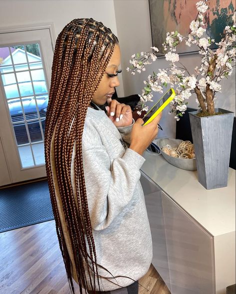 Light Brown Hair Knotless Braids, 33 Box Braids Color, Color 8 Knotless Braids, Color 4 And 30 Box Braids, Brown Knotless Braids For Black Women, Color 30 Box Braids, Light Brown Braids Black Women, Coloured Knotless Braids, Brown Braids For Black Women