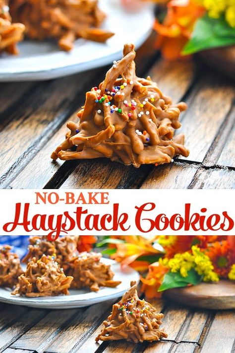 These Haystack Cookies are made with butterscotch, peanut butter, chocolate and chow mein noodles for an easy no-bake treat that's ready in minutes! No Bake Cookies #cookies #nobake #TheSeasonedMom #butterscotch Butterscotch Peanut Butter, Cowboy Recipes, Butterscotch Desserts, Haystack Cookies, Cookies With Peanut Butter, Theme Snack, Low Carb Protein Bars, Homemade Truffles, Butterscotch Cookies