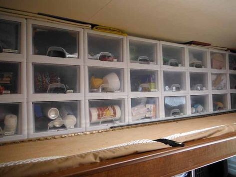 Great storage idea!  It really maximizes space in a #camper. #campermods #DIY #mods #camperstorage #camperdecor #increasedstorage #camperorganization Camper Modifications, Rv Bunk Beds, Cabover Camper, Camper Mods, Best Truck Camper, Bunk Bed Storage, Camper Organization, Camper Hacks, Rv Organization