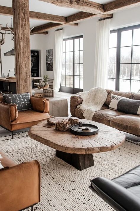 "Elevate your home with the timeless appeal of a Modern Rustic Living Room! 🛋️🌾 Perfect for those who love a mix of vintage charm and modern design. 🌟✨ #RusticDecor #LivingRoomIdeas #ModernStyle" Rustic Ranch Interior Design, Modern Farmhouse Small Living Room, Rustic Luxury Living Room, Mountain Lodge Living Room, Vintage Western Home Decor, Modern Boho Farmhouse Living Room, Modern Lodge Decor, Modern Western Living Room, Mountain Modern Living Room