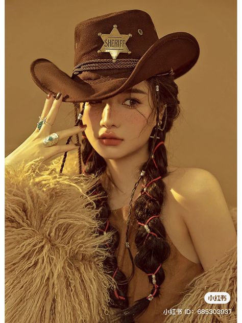 Cowgirl Art Reference, Asian Cowgirl Outfit, Cowboy Holding Hat, Powerful Reference Pose, Cowgirl Pose Reference, Cowboy Face Claim, Kpop Cowboy, Holding Hat Pose, Cowboy Hat Poses