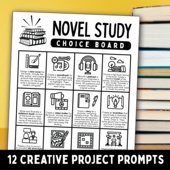 Get your students invested in showing you about their novel with this novel study choice board. There's a time and place for book reports, but there are better and more engaging ways to check for understanding! This resource includes 12 open-ended project prompts that allow students to use their own creative strengths to share about their novel. Your students will find themselves doing any of the following to show their understanding:WritingGraphic designDrawingRecording a podcastCreating a vide Novel Study Choice Board, Book Report Choice Board, Frindle Book Projects, Novel Study Activities For Any Book, Book Report Ideas Middle School, Wildflower Classroom, Book Project Ideas, Novel Projects, Novel Study Project