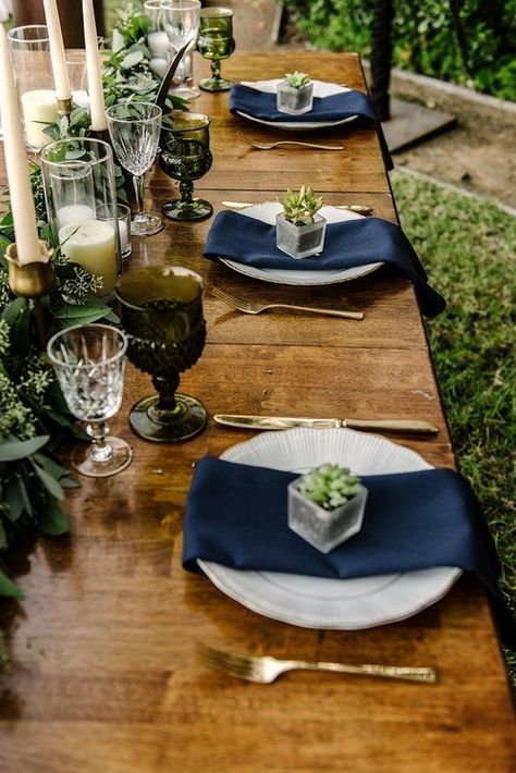 Navy And Sage Table Setting, Navy And Eucalyptus Wedding Decor, Navy Blue And Emerald Green Wedding Centerpieces, Navy Eucalyptus Wedding, Emerald Green Navy Blue And Gold Wedding, Navy Napkins Wedding, Mediterranean Centerpieces, Eucalyptus And Navy Wedding, Blue And Green Wedding Table