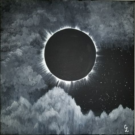 Solar Eclipse Painting - original artwork - Acrylic on 12x12 canvas panel Eclipse Painting Easy, Lunar Eclipse Painting, Solar Eclipse Painting, Solar Eclipse Drawing, Eclipse Artwork, Ceiling Tiles Art, Eclipse Painting, Film Painting, Eclipse Art