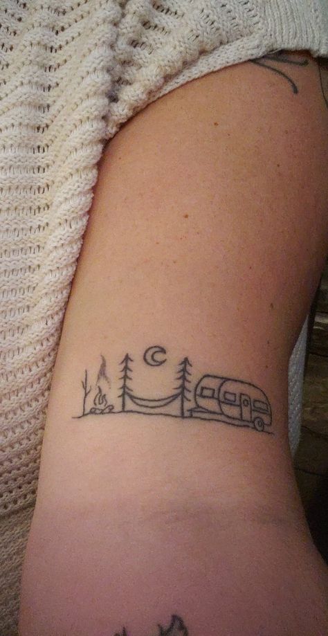 Dainty Camping Tattoos, Small Camper Tattoo, Camper Tattoo Simple, Camper Tattoo Ideas, Camper Tattoos, Camping Tattoo For Women, Simple Camping Tattoo, Van Life Tattoo, Caravan Tattoo