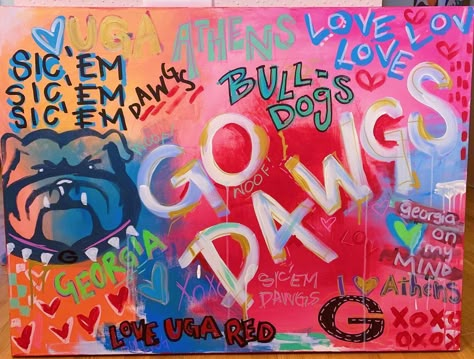 Uga Wall Art, Uga Painting Canvases, Uga Dorm Room Ideas, Uga Painting, Uga Aesthetic, Painting Ideas For Room, Canvas Background Ideas, Collage Painting Ideas, Dorm Artwork