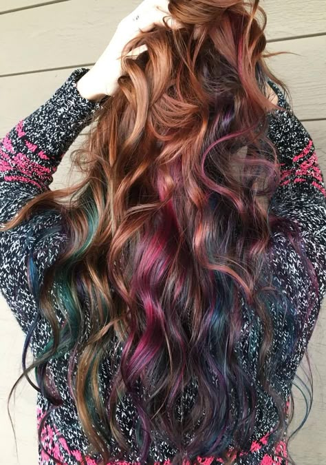 auburn hair with pink, blue and green balayage Green Balayage, Balayage Hair Color Ideas, Auburn Balayage, Sunset Hair, Blond Ombre, Balayage Hair Color, Balayage Blond, Auburn Red, Peekaboo Hair