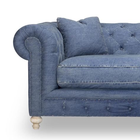 Denim Couch, Denim Sofa, Denim Furniture, Chesterfield Furniture, Chesterfield Style Sofa, Upholstery Tacks, Blue Couches, Nice Places, Denim Pocket