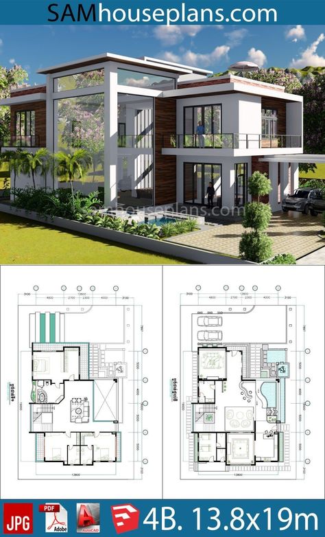 House Plans 12mx20m With 7 Bedrooms - Sam House Plans Sims 4 Modern House, Modern House Floor Plans, Two Story House, Mansion Floor Plan, Beach House Plans, Modern Villa Design, 4 Bedroom House Plans, Sims House Plans, Simple House Plans