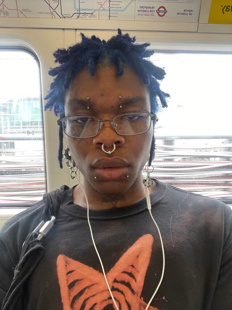 Punk Makeup Looks Men, Masc Alt Makeup, Blue Afro Hair, Poc Hairstyles, Masculine Makeup, Masc Makeup, Blue Afro, Apocalypse Costume, Spikey Hair