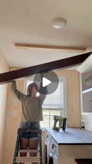 45 likes, 11 comments - maura_and_co_interiors on October 2, 2024: "✨ Easy DIY faux beams! ✨ Start to finish on how I made & installed them! This is what I was most excited for in this space 🥰 I LOVE THEM! I still can’t believe I got them up by myself! It’s incredible at what you can do when you really put your mind to it! Custom stain blend 50/50 mix of @minwaxusa WATERBASED walnut and dark walnut! #DIY #Fauxbeams #beams #doityourself #laundryroom #progress #easyproject #easyDIY #home #in Diy Beams Ceiling, Diy Faux Beams, Fake Beam, Support Beam, Slanted Ceiling, Faux Beams, October 2, Wood Beams, Ceiling Beams