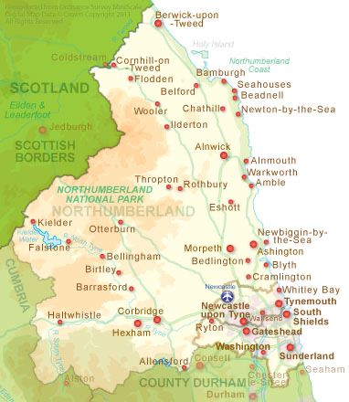 County Map of Northumberland in North East England Northumberland National Park, Map Of Great Britain, Berwick Upon Tweed, Northumberland England, Northumberland Coast, England Map, County Map, North East England, Tyne And Wear