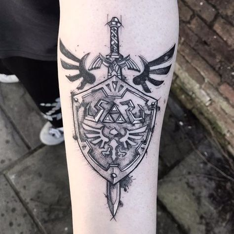 Zelda Triforce Tattoo, Triforce Tattoo, Nintendo Tattoo, Drum Tattoo, Shield Tattoo, Zelda Tattoo, Zelda Triforce, Gamer Tattoos, Nerd Tattoo