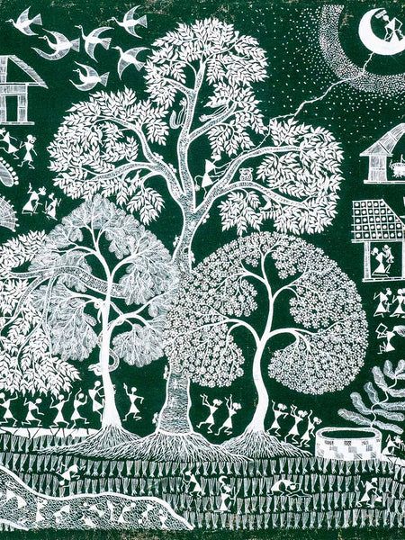 Large Warli Painting of Green Trees – Silk Road Gallery Warli Tree, Pithora Painting, Warli Art Painting, Indian Miniature Paintings, Warli Paintings, Bird Peacock, Worli Painting, Folk Art Paintings, Warli Painting