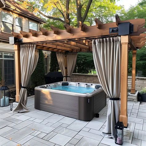 Composite_Wood_Pergola_with_curtain_and_hot_tub 10 Hot Tub Pergola Ideas, Hot Tub Privacy, Hot Tub Pergola, Devon House, Backyard Escape, Hot Tub Patio, Pergola Curtains, Private Backyard, Hot Tub Backyard