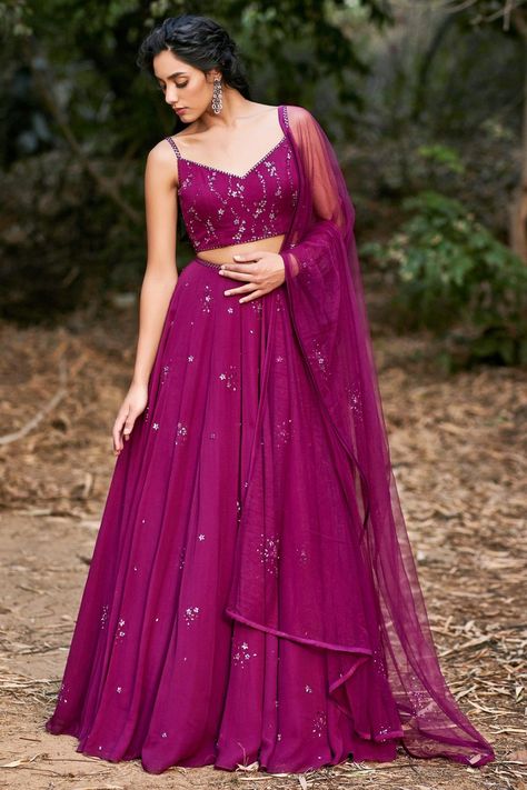 Purple embroidered lehenga set for women Long Skirt And Top Indian Wedding, Pooja Peshoria, Wine Lehenga, Indian Bridesmaid Dresses, Unique Bridesmaid Dresses, Simple Lehenga, Lehenga Designs Simple, Half Saree Designs, Embroidered Lehenga