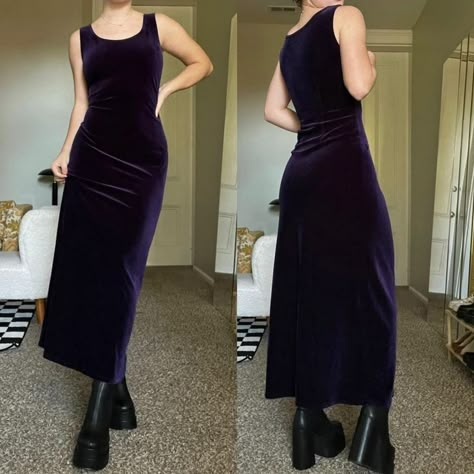 Red Velvet Dress Casual, Witchy Velvet Dress, 90s Velvet Maxi Dress, 90s Black Velvet Dress, Velvet Purple Prom Dress, Purple Dress Velvet, Velvet Aesthetic Outfit, Scoop Neck Maxi Dress, 90 Dresses Style Formal