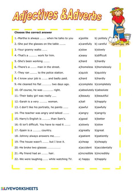 Adjectives vs adverbs worksheet Adverbs Sentences, Adjective Quiz, Adverb Activities, Adjectives Exercises, Adverbs Worksheet, English Adjectives, Adjective Worksheet, Prepositional Phrases, English Grammar Worksheets