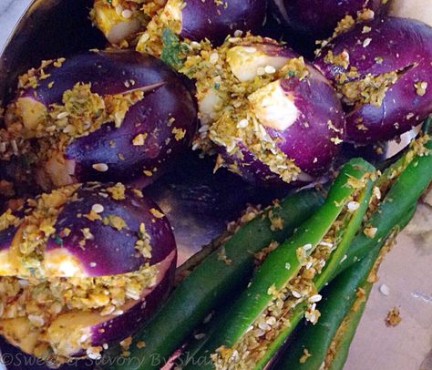 Gujrati Style Bharwa Baigan ( stuffed eggplants ) – Shailja's Kitchen [ Meals & Memories Are Made Here ] Indian Stuffed Eggplant, Eggplant Indian, Baby Eggplant, Potato Stuffed, Stuffed Eggplant, Grandmothers Kitchen, Indian Food, Eggplant, Indian Food Recipes