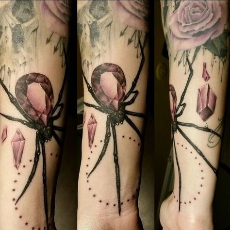 Spider Tattoo with a beautiful Gem Body by @jakedoestattoos @royalfleshtattoo #spidertattoo #gemtattoo #custommade #colortattoo #tattooartist #chicagotattooartist #chicagotattooshop #royalfleshtattooandpiercing #jake Spider In Bottle Tattoo, Gem Spider Tattoo, Crystal Spider Tattoo, Gothic Bug Tattoo, Spider Gothic Tattoo, Flesh Tattoo, Jeweled Spider, Crystal Spider, Jewel Tattoo