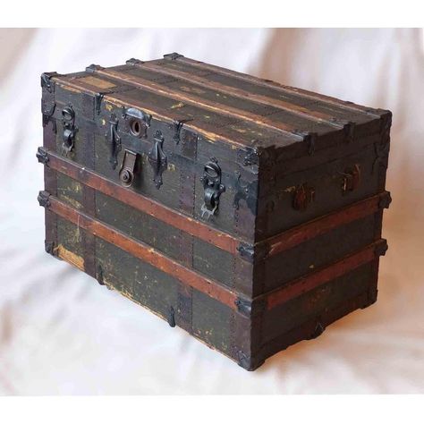 Antique Victorian Wood and Metal Trunk | Chairish Restored Steamer Trunk, Vintage Trunk Decor, Transformed Furniture, Antique Trunk Makeover, Antique Trunk Restoration, Vintage Chest Trunk, Trunk Restoration, Trunks For Sale, Trunk Makeover