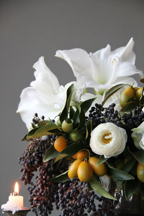 English Tudor Manor wedding ideas Winter Flower Arrangements Wedding, Flower Arrangements With Berries, Blueberry Flower Arrangement, Florals With Fruit, January Flowers, Winter Flowers Wedding, Dark Blue Floral Arrangement, Blackberry Floral Arrangement, Privet Berries