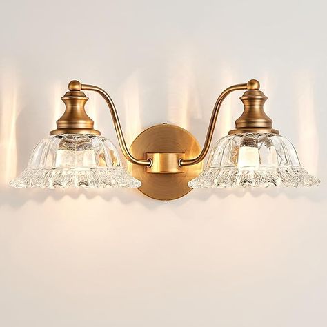 XIEDUN Vintage Bathroom Vanity Light Fixture, 3 Lights Bathroom Lighting Matte Antique Brass Finish with Crystal Glass Shade, Vintage Vanity Light for Bathroom - Amazon.com Bathroom Vanity Lights Over Mirror, Vintage Bathroom Light Fixtures, Vanity Lights Over Mirror, Bathroom Doorway, Vintage Bathroom Lighting, Vintage Bathroom Vanity, Retro Vanity, Bathroom Vanity Lights, Gold Wall Lights