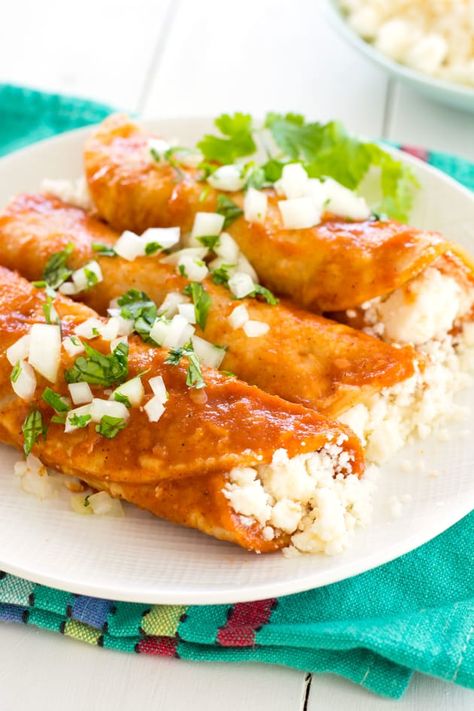 Queso Fresco Enchiladas are a quick and easy lunch or even brunch. Toss a poached egg on top, and you are set. #enchiladas #easy Cheese Enchiladas With Queso, Bolillo Recipe, Easy Cheese Enchiladas, Queso Fresco Recipe, Enchiladas Mexicanas, Enchiladas Easy, Stomach Rumbling, Fresco Cheese, Queso Fresco Cheese