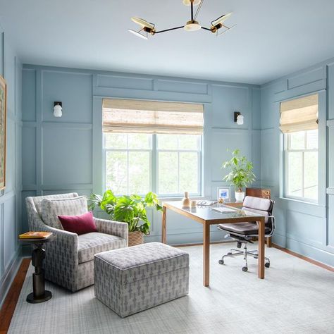 Powder Blue Living Room Walls, Office With Blue Walls, Calming Office Colors, Powder Blue Office, Light Blue Office Ideas, Light Blue Office Walls, Blue Office Walls, Powder Blue Room, Grey Blue Office