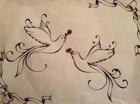 Simplistic dove drawing with a pop of colour on the flowers Doves Drawing, Bujo Drawings, Dyi Painting, Dove Drawing, Kissing Drawing, Dove Tattoo, Dove Bird, French Cafe, Drawing Inspo