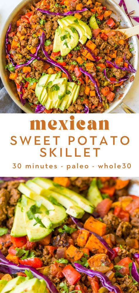 This Sweet Potato Skillet is an easy weeknight dinner that is ready in just 30 minutes! Made with taco seasoned ground beef, sweet potatoes, bell peppers, onions, and tomatoes to bring you all the Mexican flavors. It can be eaten as is, over cauliflower rice, or on a bed of mixed greens. Makes for great leftovers or meal prep too! Ground Beef Sweet Potato Skillet, Ground Beef Sweet Potato, Taco Ground Beef, Mexican Sweet Potato, Healthy Skillet Meals, Mexican Sweet Potatoes, Mexican Ground Beef, Sweet Potato Breakfast Hash, Sweet Potato Rice