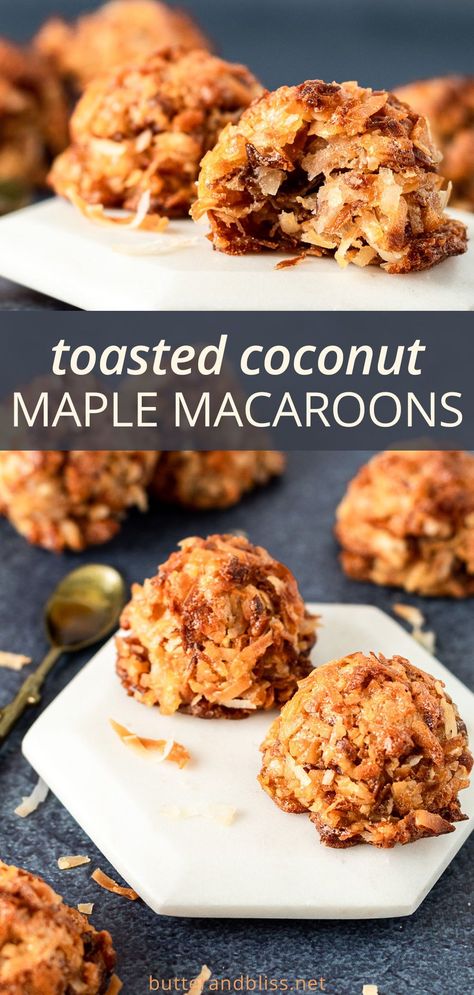 Easy Coconut Macaroons made with toasted coconut and pure maple syrup! This small batch of cookies is made without condensed milk. Sweet shredded coconut is toasted before baking for extra flavor and crunch. And maple syrup sweetens the little cookies for a rich buttery flavor! Get the recipe at butterandbliss.net | #coconutmacaroons Saturday Baking, Macaroons Coconut, Coconut Macaroons Recipe, Cooking With Coconut Oil, Coconut Caramel, Macaroon Recipes, Coconut Macaroons, Mouthwatering Recipes, Recipe Board