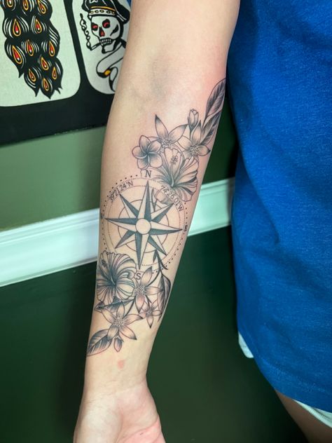 Compass, floral, coordinates, beach flowers, tattoo Compass With Flowers Tattoo, Compass Flower Tattoo, Coordinates Tattoo, Inner Forearm, Forearm Sleeve Tattoos, Beach Flowers, Forearm Tattoo Women, Flowers Tattoo, Phoenix Tattoo