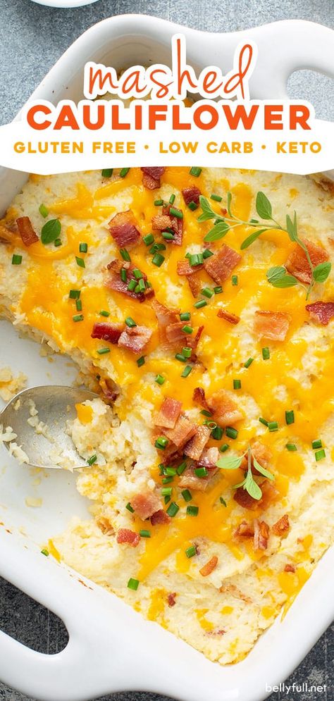 Creamy mashed cauliflower mixed with sour cream, cheddar cheese, bacon, and then baked. This low carb, keto-friendly recipe won't just be a substitute for mashed potatoes, it will actually be a go-to dinner side dish. It's so good! Loaded Baked Cauliflower, Casseroles Keto, Winter Casseroles, Baked Cauliflower Casserole, Loaded Cauliflower Bake, Twice Baked Cauliflower, Keto Vegetables, Creamy Mashed Cauliflower, Peace Love And Low Carb