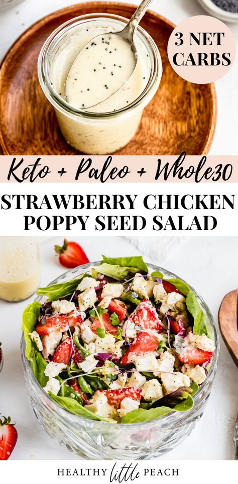 A crisp and refreshing Strawberry Chicken Poppy Seed Salad that is both beautiful and delicious. Fresh greens topped with chopped chicken breast, sweet sliced strawberries, red onions and drizzled with homemade poppy seed dressing. This recipe is Keto, Paleo and can easily be tailored to Whole30 with a simple modification. #strawberrysalad #poppyseed #chickensalad #chickenstrawberrysalad #saladrecipes #whole30salads #whole30 #keto #ketosalads #ketorecipes #paleo Keto Poppyseed Dressing Recipe, Low Carb Poppy Seed Dressing, Keto Salad Toppings, Red Onion Poppy Seed Dressing, Paleo Poppyseed Dressing, Keto Poppyseed Dressing, Keto Poppy Seed Dressing, Whole 30 Salad Dressing Recipes, Whole 30 Dressing Recipes