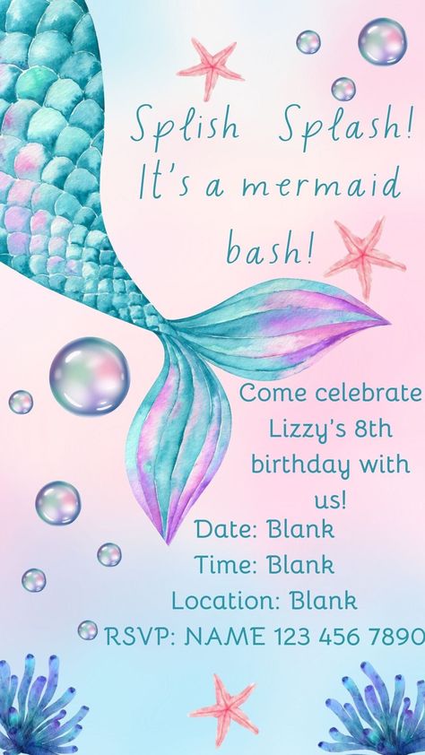 This is an elegant under the sea mermaid birthday party digital invitation that you can edit yourself! As soon as you purchase the template you will receive a file with a link to the template as well as instructions on how to send the template to all your guests! This template is easy to use and edit. You can send the finished invitation to your guests in form of text message because this template fits perfectly on a phone screen! Mermaid Birthday Invites Free Printable Invitation Templates, Mermaid Party Invite, Mermaid Invitation Template Free, Mermaid Birthday Invitations Free, Diy Mermaid Birthday Party, Mermaid Party Invitations, Mermaid Birthday Party Invitations, Mermaid Invitation, Free Printable Invitations Templates