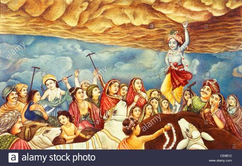 Krishna Lifting Govardhan Parvat, Goverdhan Parvat, Govardhan Parvat, One Finger, Hinduism Art, Indian Art Paintings, Shree Krishna, Krishna Art, Uttar Pradesh