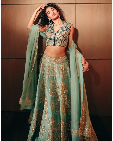 Light Blue Zardozi Floral Embroidered Lehenga | Mrunalini Rao Zardozi Border, Mrunalini Rao, Nora Fatehi, Teal Blouse, Embroidered Lehenga, Petal Sleeve, Indian Clothing, Organza Dupatta, Custom Bridal