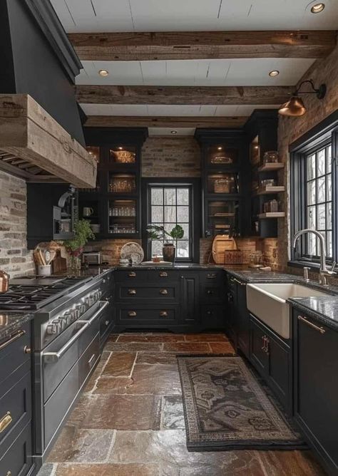 Dark Farmhouse Kitchen Cabinets, Kitchen Cabinet Color Ideas With Dark Wood Floors, Kitchen Cabinet Colors With Dark Floors, Moody Farmhouse Kitchen, Dark Farmhouse Kitchen, Dark Moody Kitchen, Moody French, Moody Kitchens, Farmhouse Kitchen Designs