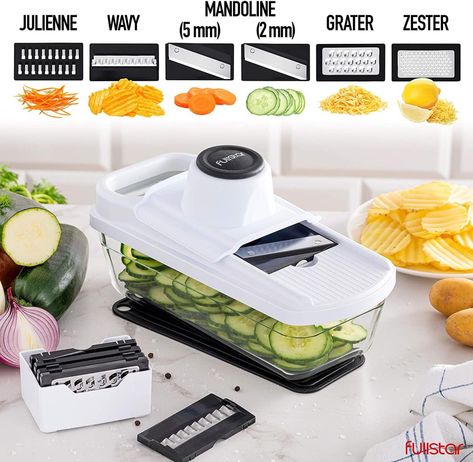 Fullstar - Mandoline Slicer, Vegetable Slicer and Grater - Food, Fruit Slicers with Glass Storage Container - 6 Blades, White Veggie Slicer, Mandoline Slicer, Knife Organization, Potato Slicer, Food Slicer, Glass Storage Containers, Mandolin Slicer, Vegetable Chopper, Vegetable Slicer